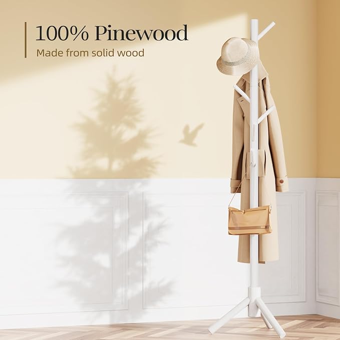 Pipishell Solid Wooden Coat Rack Freestanding, Hall Tree with 8 Hooks, 3 Height Options for Coats, Hats, Handbags, and Scarves, Tool-Free Assembly, Space Saving Design for Entryway, Office, Bedroom