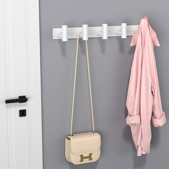 PMMASTO Stainless Steel Coat Rack Wall Mounted, Heavy Duty Metal Hook Rail for Hanging Coats Hats Towels Robes Bags, Modern Wall Hooks Organizer (White, 5 "T Hooks, 2PACK)