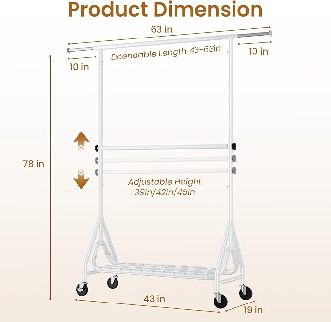 Heavy Duty Clothes Rack for Hanging Clothes, Double Rods Clothing Rack with Lockable Wheels, Rolling Garment Racks with Shelf, Easy to Assemble, White
