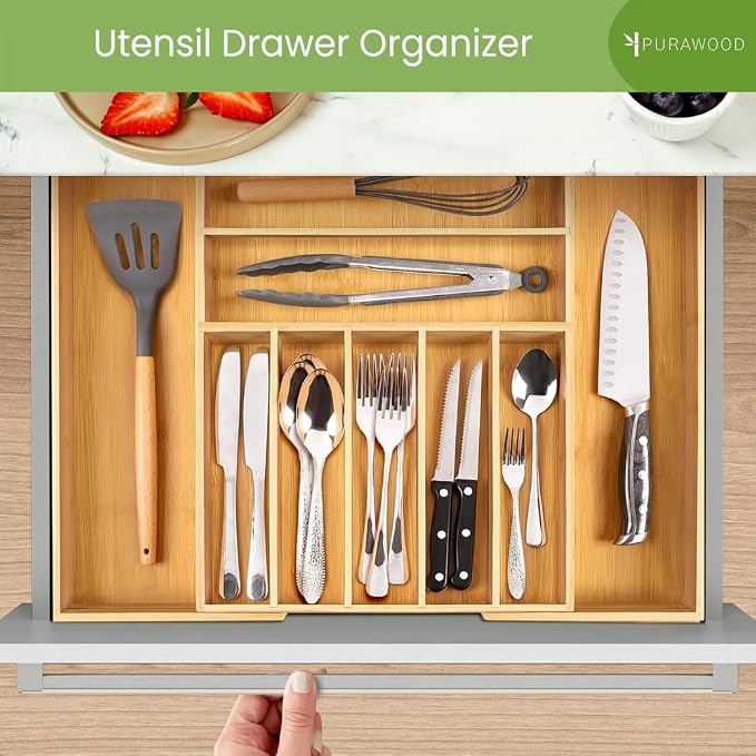 Purawood Bamboo Drawer Organizer, 2 Pack - Expandable Silverware Organizer & Utensil Organizer, Cutlery Tray with Dividers, 7-9 Slots- Premium Kitchen Organizer for Utensils & Flatware (Natural)