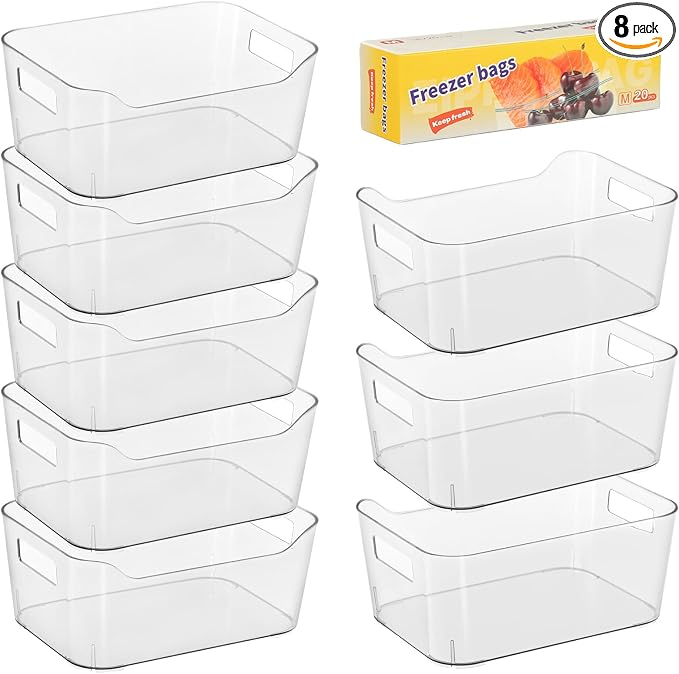 Heyuzb 8 Pack Plastic Organizer Bins and 20 Pcs Freezer Bags Multi-Use Pantry Organizers and Storage Clear Storage Bins for Organizing Kitchen, Fridge, Cabinet and Shelf