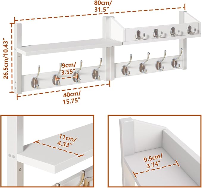 YMYNY 31.5" Coat and Key Rack Wall Mount with Shelf, White, HWS007W-2 | 4-in-1 Coat and Key Hanger with 12 Metal Hooks, Entryway Wall Shelf with Hooks & Mail Holder for Living Room, Bedroom