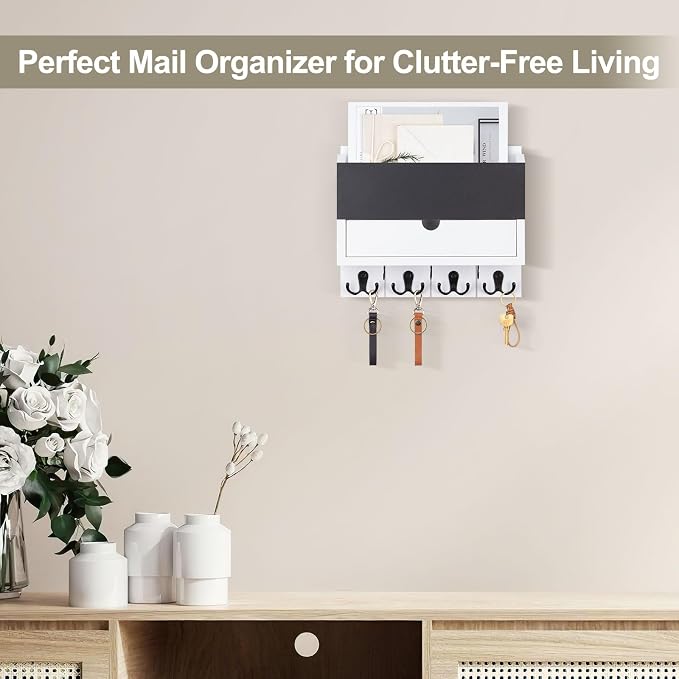 Mail and Key Holder Wall Mount with Storage Drawer & Chalkboard Panel | Modern Wooden Mail Organizer for Wall Entryway, 7 key hooks, Stylish Home Decor for Apartments, Living Room, Office