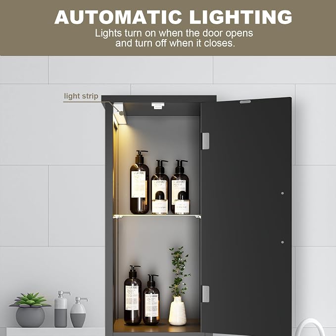 67" Tall Bathroom Storage Cabinet with Lights, Slim Narrow Bathroom Cabinet Organizer with Doors and Adjustable Shelves, Tall Cabinet for Small Space (66.9" Tall-Black with Light)