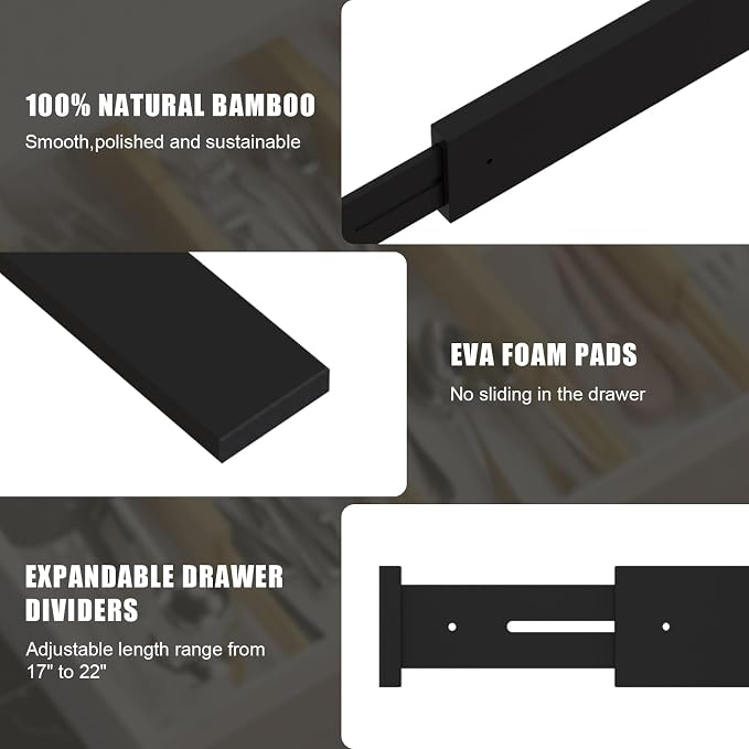 Bamboo Drawer Dividers, Adjustable Drawer Organizers, Fits 17.6–21" Drawers | 2.5" High, 6 Pack Expandable Drawer Separators for Kitchen, Nursery, Dressers & Office Storage, Black