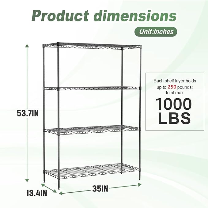 BestOffice 4-Tier Wire Shelving Unit, 1000 LBS Heavy Duty Metal Storage Shelves, Adjustable Wire Shelf for Garage, Kitchen, Pantry, Utility Shelving Rack with Leveling Feet, Black