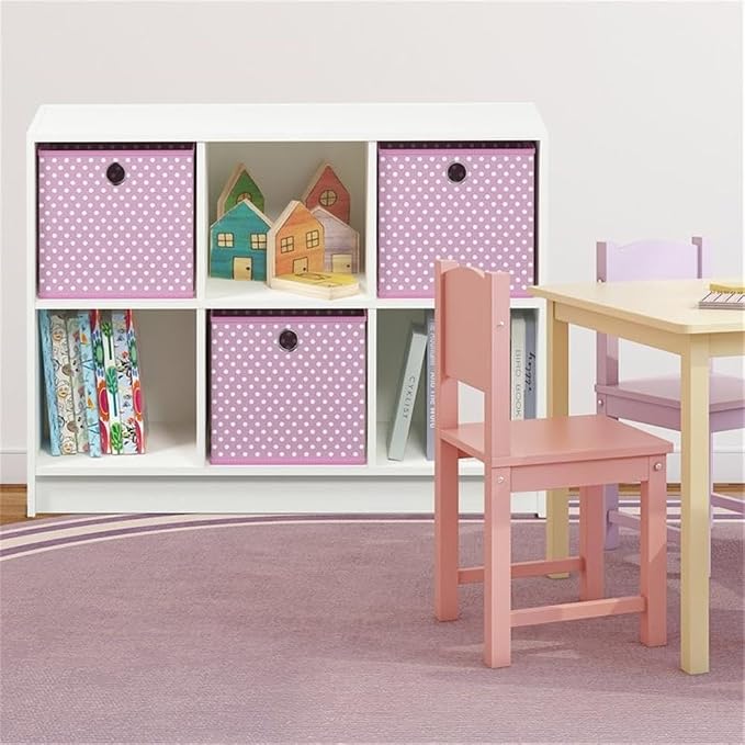 Furinno BASIC Book Shelf, 6-Cube Bookshelf with Open Shelf, 3 x 2 Bookcase with Storage Bins, Closed Back, Horizontal, 11.9 x 31.6 x 23.6, for Living Room, Bedroom, Home Office, White/Pink