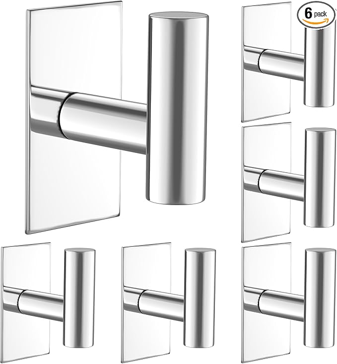 VAEHOLD Wall Towel Hooks, Heavy Duty Sticky Holder Waterproof Towel Hooks for Hanging Coat, Clothes, Closet Hook Wall Mount for Kitchen (Chrome, 6 Pack)