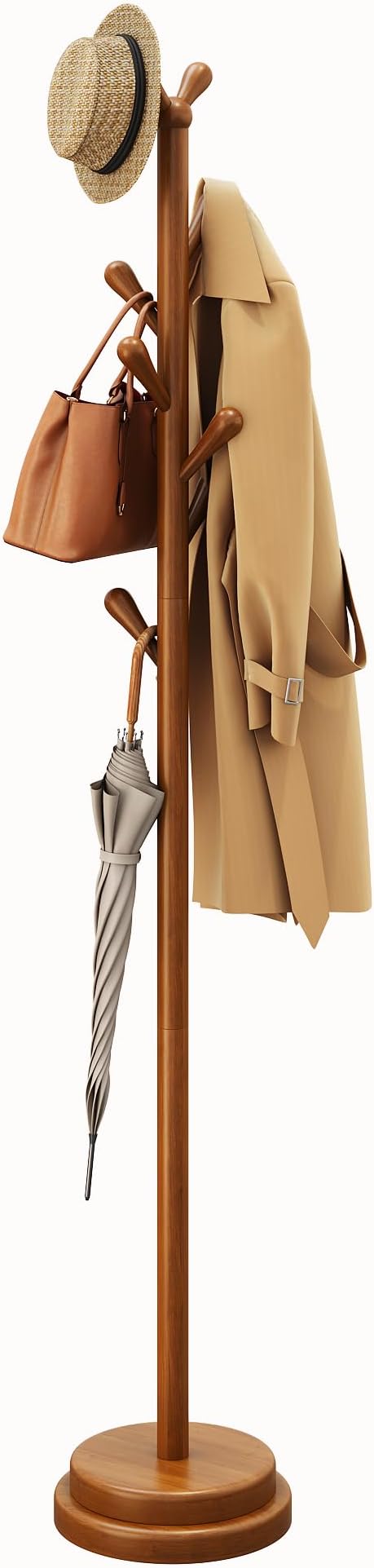 STARSAGA Solid Wood Coat Rack Freestanding Coat Tree with 8 Hooks | Adjustable Height Heavy Duty Coat Rack with Rounded Hooks & Dual-Layer Base, Holds Coats Hats Bags for Entryway, Bedroom