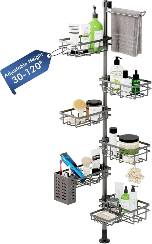 Corner Shower Caddy Tension Pole,Bathroom Shelf for Inside Shower Organizer | Adjustable 30-120’’ Storage, 6-Tier Shower Shelves, Rustproof Shower Rack with Towel Bar, Soap Dish & Toothbrush Holder