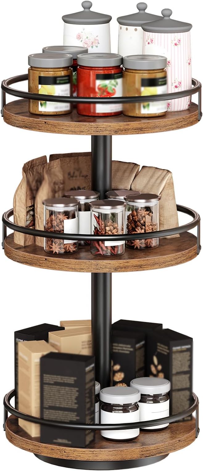 HOOBRO 3-Tier Lazy Susan Organizer, Rotating Spice Rack, Turntable Spice Rack, Vertical Storage Organizer, for Kitchen Countertop, Vanity, Dining Table, Rustic Brown and Black BF09TL01