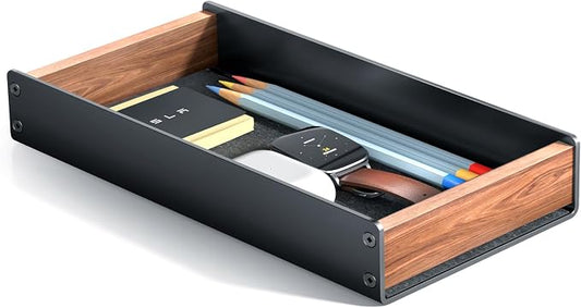 UPERGO Walnut & Aluminum Desk Drawer Organizer, Valet Tray Catchall for Men | EDC for Men, Open Top Design, Soft Felt Lining, Holds Keys Watch Pens Sticky Notes, Desk & Nightstand