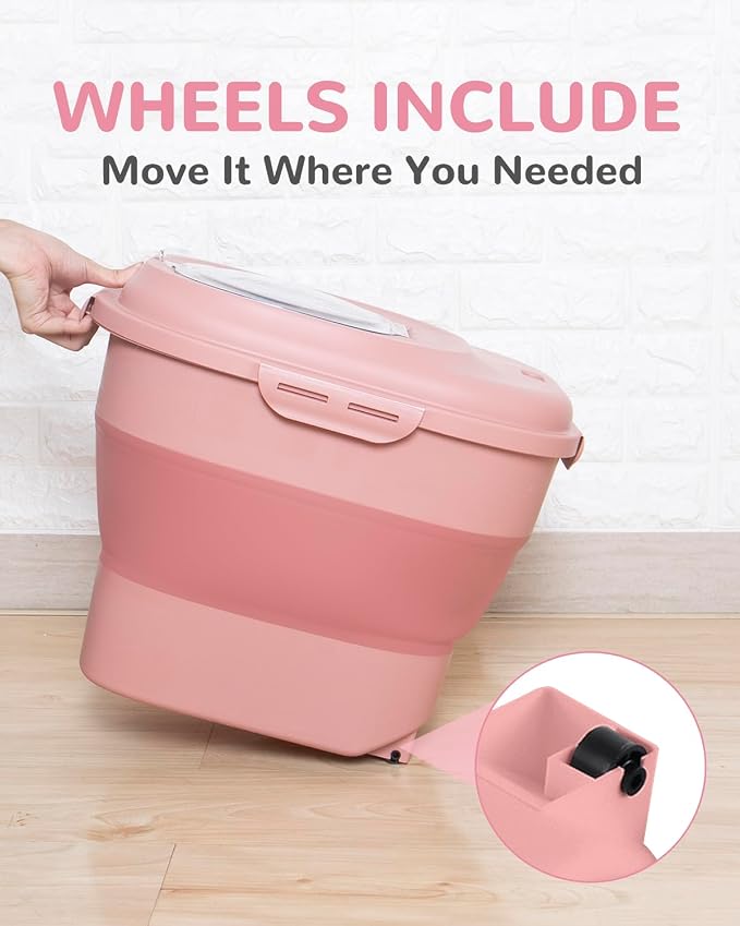 30-35Lbs Airtight Dog Food Storage Container,Collapsible Dog Food Container | Large Pet Food Storage Container with Double Airtight Seal & Magnetic Lid,Dog Food Bin with Wheels,2Pcs Containers,Scoop,Pink
