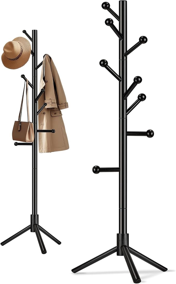 Wooden Coat Rack Freestanding, Adjustable Height Solid Wood Clothes Stand with 8 Ball-End Hooks, Stable Tripod Base, 5.7FT Floor Coat Tree for Entryway Bedroom Office, Black
