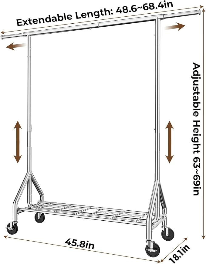 HYSEYY Heavy Duty Clothes Rack Load 450 LBS, Metal Garment Rack, Standing Rolling Clothing Rack for Hanging Clothes with Sturdy Wheels & Shelves, Portable Closet Wardrobe Rack,Sliver