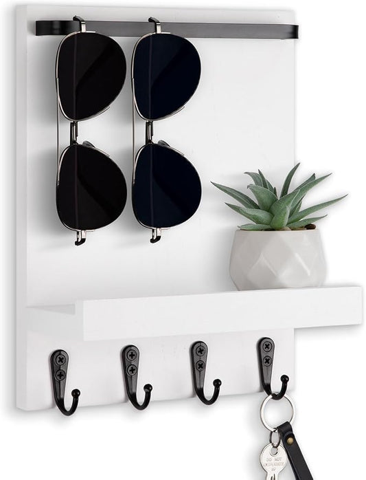 Key Holder Wall Mount, Key Holder for Wall with 4 Hooks, Farmhouse Key Hanger Holds Dog Leash, Sunglasses – Decorative Mail Organizer Home Decor (White)