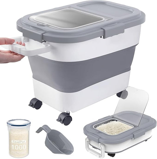 HOYTAMDA 20-30Lbs Rice Container,Collapsible Food Storage Container Wheels | Rice Storage Container with Airtight Locking Lid,Handle,Small Bin &Scoop,Rice Dispenser for Flour Sugar Cereal Grain Dog Cat