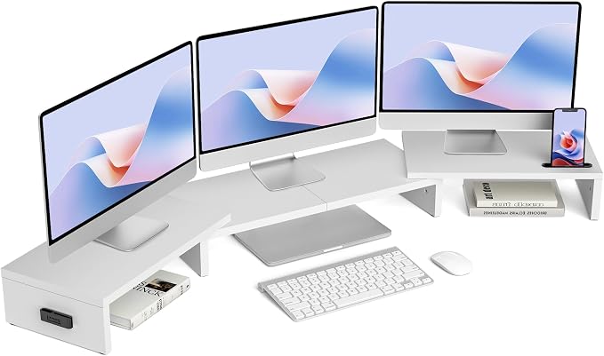 BONTEC Triple Monitor Stand Riser with Smartphone Holder, White | Adjustable Length & Swivel Angle, Ergonomic Wooden Desktop Organizer for PC Monitor, Laptop, Printer, Large Storage, 53.3 in