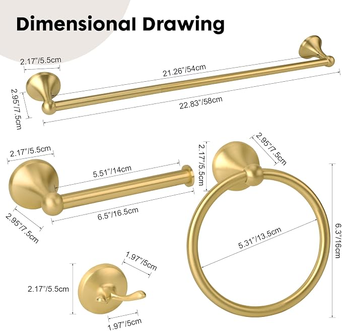 4 Piece Antique Bathroom Hardware Accessories Set Brushed Gold,24 Inch Towel Bar Set,Towel Rack Set,Bathroom Towel Holder Set