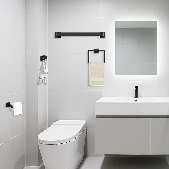 JOPOFI 10 Piece Towel Bar Set - 23.6 Inch Bath Towel Holder - Matte Black | Stainless Steel Towel Racks for Bathroom Wall Mounted, Towel Rod for Bathroom Wall