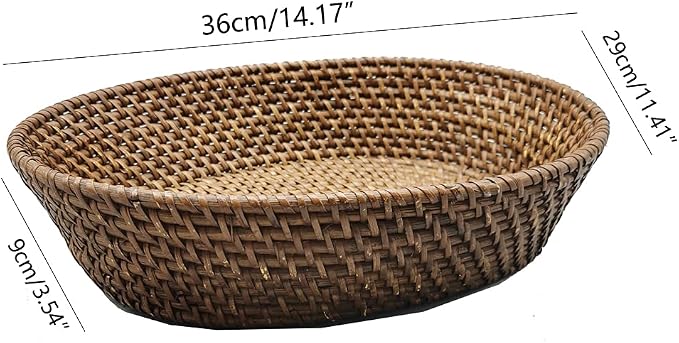 14 Inch Oval Rattan Basket, Handmade Wicker Serving Basket Tray with 3.5 Inch Raised Sides, Large Rattan Fruit Bowl, Coffee Table Décor for Bread, Snack, Makeup, Valet, Odds and Ends, L, Brown
