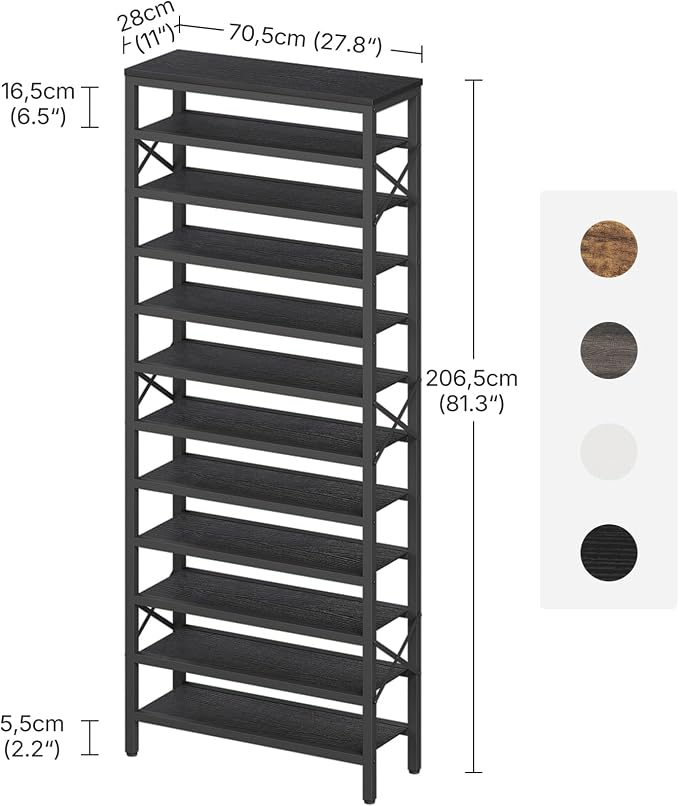 12-Tier Tall Shoe Rack Organizer, Wooden Shoe Storage for Closet Holds 48 Pairs, Sturdy Shoe Shelf with X-Shaped Metal Support, for Entryway, Bedroom, Black SS212BB