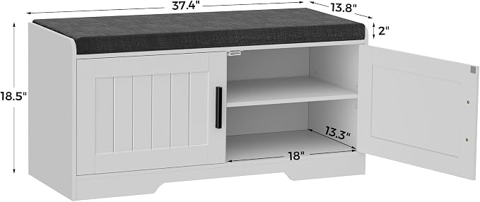 Homleke Shoe Storage Bench, 2 Doors & Thickened Padded Seat Cushion | 2-Tier Shoe Bench, Entryway Bench, Adjustable Shelf, 13.8" D x 37.4" W x 18.5" H, for Living Room, Bedroom, White