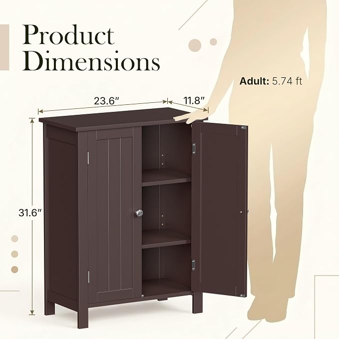 SUPER DEAL Modern Bathroom Floor Storage Cabinet with Adjustable Shelf and Double Door Rust Proof, Living Room Modern Home Furniture Storage Organizer Cabinet, Brown
