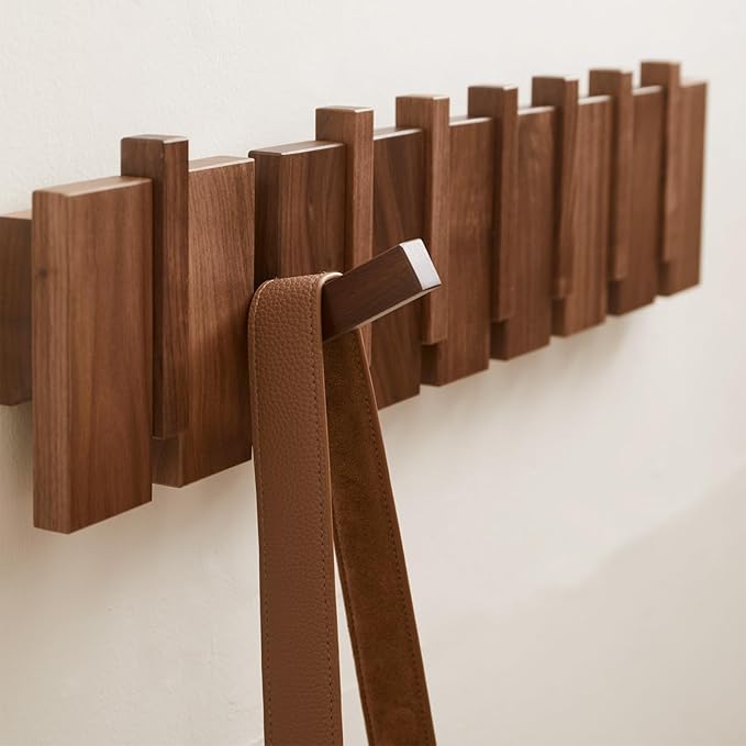 QUELLANCE Wood Coat Rack Wall Mount, Coat Hooks Hanger Wall Mounted, Heavy Duty Wall Coat Rack with 6 Hooks for Hanging Coats/Keys/Hats/Robe&Towels/Plants/Bags, Walnut