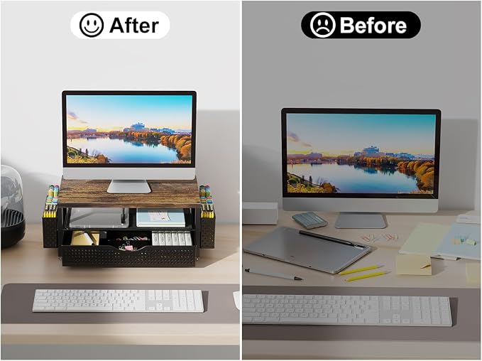 gianotter Desk Organizers and Accessories, Monitor Stand with Drawer and 2 Pen Holder, Desktop Organizer Suitable for Offices and Dormitories (Wood-Plain)