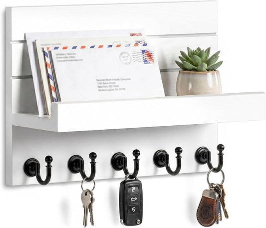 HONJIN Key Holder Wall Mount with Shelf and 5 Sturdy Key Hooks (White) | Key and Mail Holder Wall Mount, Wooden Entryway Organizer and Decorative, Easy Installation, 10*3.8*6.85 Inch