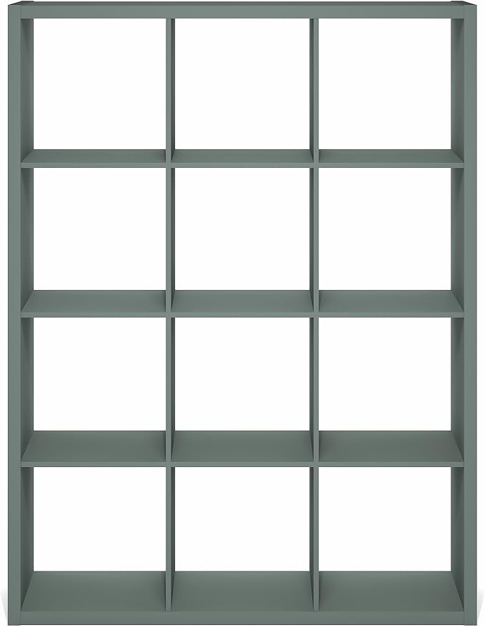 Furinno Cubicle Book Shelf, 12-Cube Bookshelf, Extra Thick Frame Reversible Bookcase with Open Back, 14.6" x 44" x 58", for Living Room, Bedroom, Home Office, Sage Green