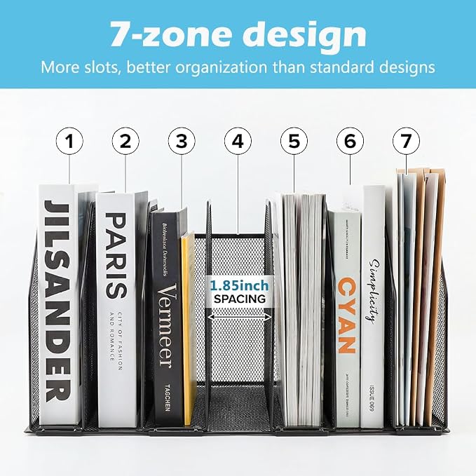 7-Section Vertical Mesh File Sorter, Black Metal Desktop Document Organizer with Extra Wide Spacing, Metal Paper Holder for Home Office Classroom Desk Storage