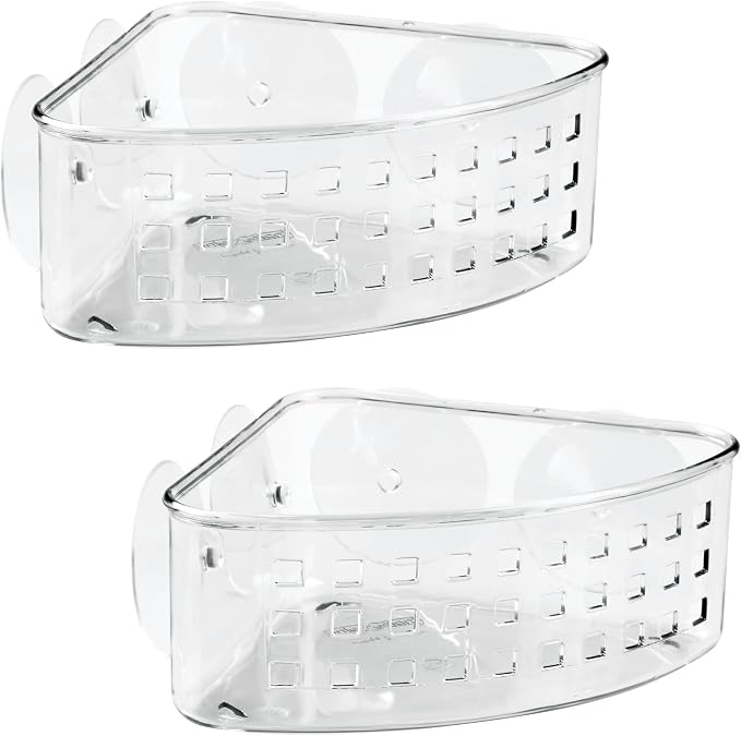 iDesign Plastic Suction Cup Corner Shower Basket, Set of 2, Clear | Bathroom Storage, Made in USA