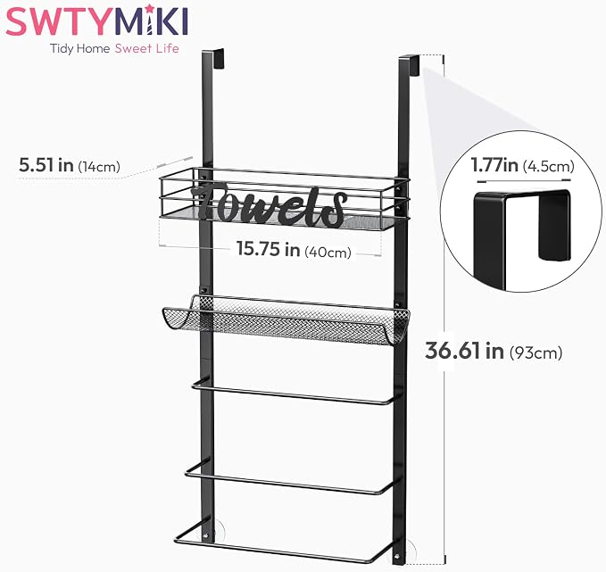 SWTYMIKI Over the Door Towel Racks for Bathroom - 5-Tier Wall Mounted Bathroom Towel Storage Organizer Holder with Metal Shelf, Black