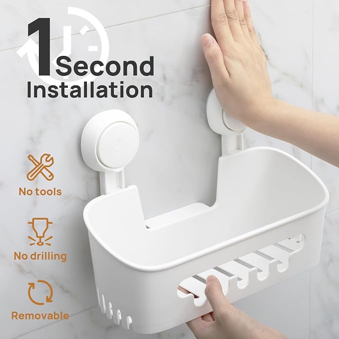 LEVERLOC Shower Caddy Suction Cup Set Shower Organizer & Soap Holder & Toothbrush Holder, Bathroom Shelf Basket NO-Drilling, Removable Suction Storage Waterproof Bathroom Caddy, White | Toothbrush Holder, NO-Drilling Bathroom Shelf, Removable Suction S...