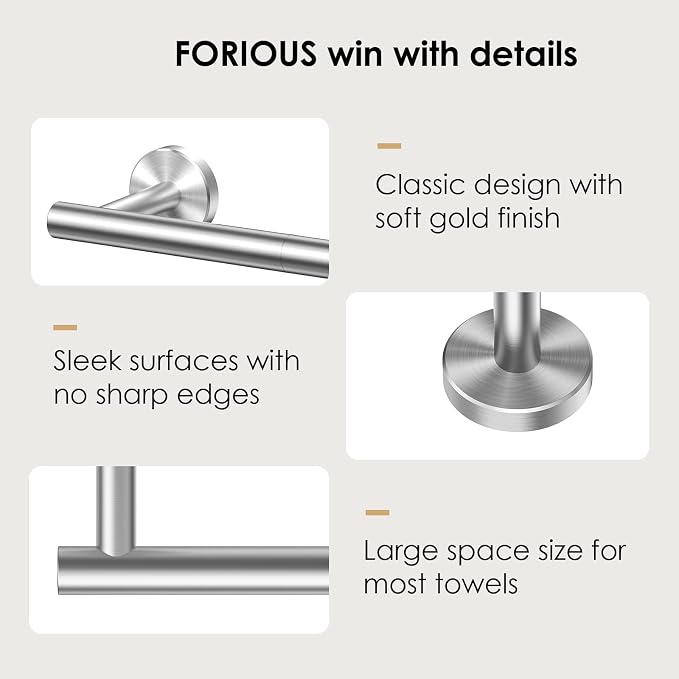 FORIOUS Towel Bar 30" Towel Racks for Bathroom Wall Mounted Brushed Nickel | Total Length 32 Inch, Rustproof, Stainless Steel Towel Holder, Wall Mounted for Bathroom Bedroom, Heavy Duty, Space Saving