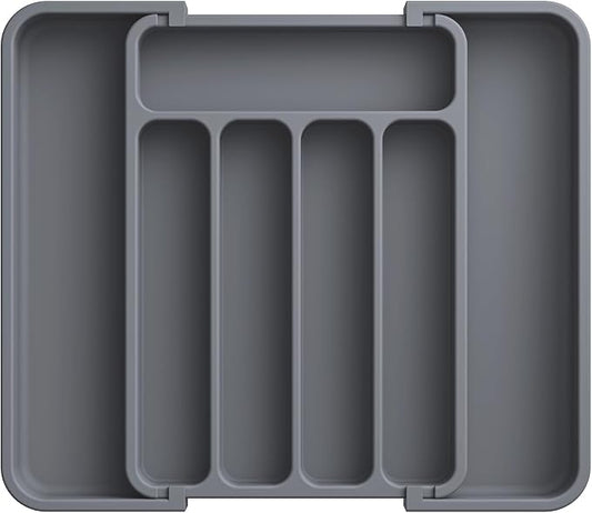 Aujen Silverware Drawer Organizer, Adjustable Utensil Cutlery Tray | Expandable Kitchen Organizer for Forks Knives, Multipurpose Kitchen Storage, Apartment Essentials, Grey, Medium