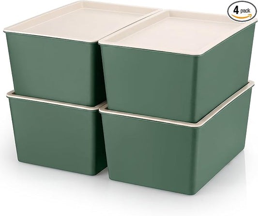 4 Pcs Storage Bins with Lids Plastic Stackable Containers for Classroom Room Organizing Shelves Christmas Ornament Box Baskets(Green,Small)