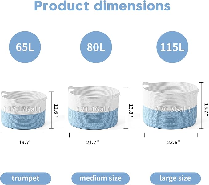 Foldable Laundry Hamper Basket with Collapsible Handle Cotton Rope Soft Woven Fabric Storage Organizer Clothes Toys Nursery Bedroom Dorm Space Saving Bin (White & Blue, 80L(21.7"D x 13.8"H))