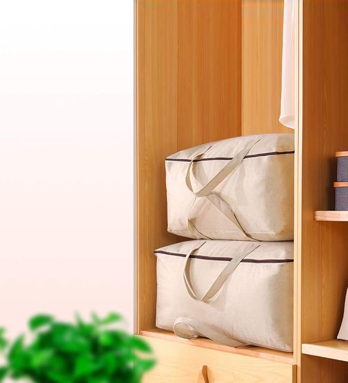 3pcs Cotton Clothes Bedding Storage Organizer Bins with Handles 3-side Zip | Breathable Canvas, Soft Storage Bins, Good for winter Clothes, Sweaters blankets, duvets, pillows Organizer, Beige, washable