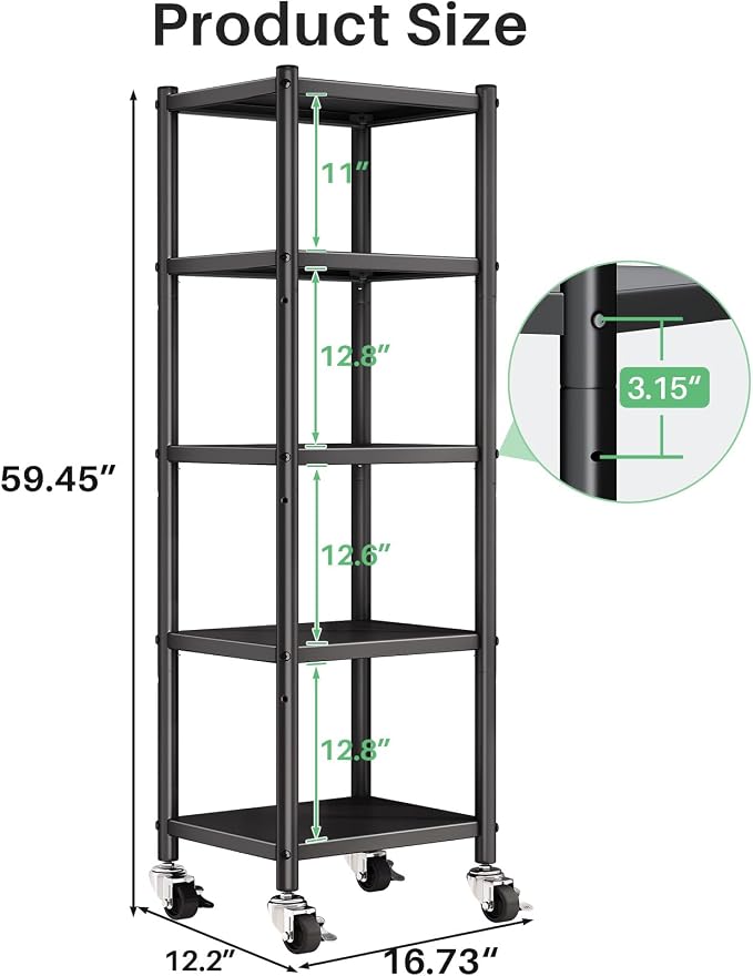 PXRACK 5-Tier Kitchen Storage Shelves, Adjustable Metal Shelves for Storage Pantry Shelves with Rolling Wheels, Storage Rack Shelving Unit Organizer for Bedroom Laundry Closet