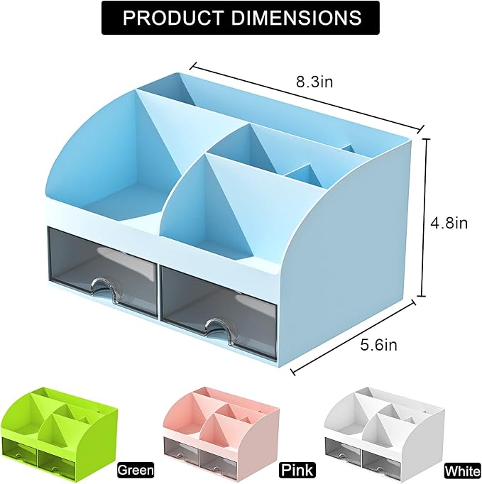 COMFYROOM Desk Organizer with 6 Compartments and 2 Drawers, Plastic Makeup Organizer, Pen Holder for Desktop Storage, Desk Organization for School, Home, Office Supplies (Blue)