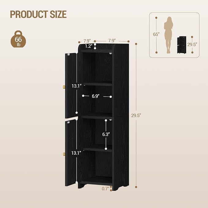 Hzuaneri Bathroom Storage Cabinet, Small Corner Floor Cabinet with 2 Doors | Narrow Toilet Paper Cabinets with Adjustable Shelf, Bathroom Organizer for Small Spaces, 7.9"D x 7.9"W x 29.5"H Rattan Black