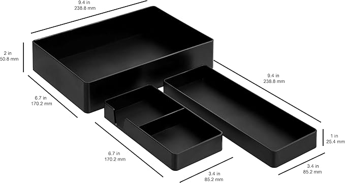 Amazon Basics Rectangular Plastic Desk Organizer Bundle, 3 Pieces with Half Accessory Tray, Small, Black