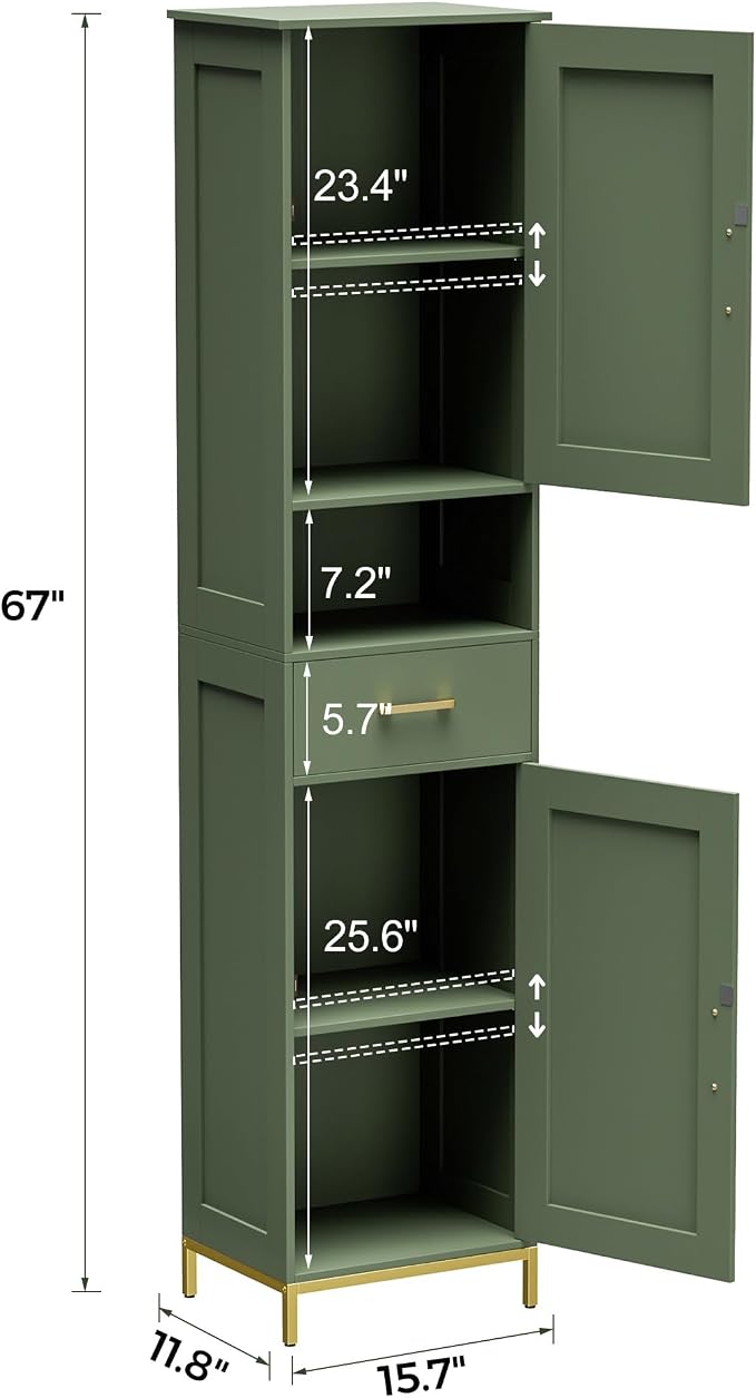 Homhedy 67" H Bathroom Storage Cabinet, Tall Bathroom Cabinet, Green | Narrow Cabinet with Doors and Drawer, Adjustable Shelves, Floor Cabinet for Bathroom, Living Room, Kitchen, Dining Room