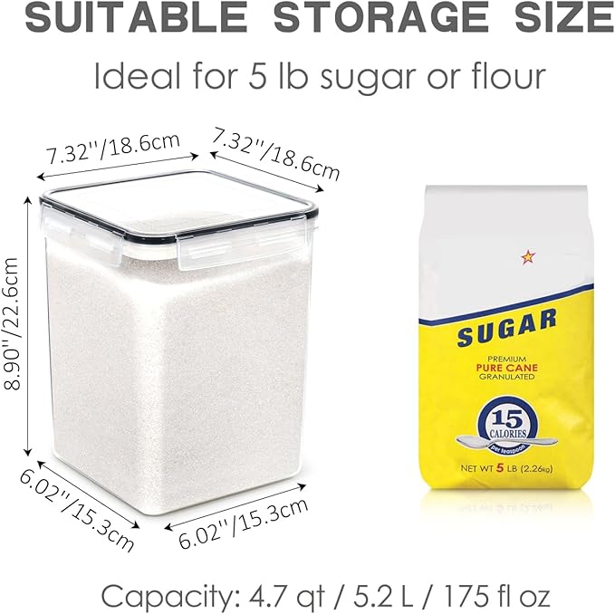 PANTRYSTAR Large Food Storage Containers with Lids Airtight 5.2L /176Oz, for Flour, Sugar, Baking Supply, 3PCS BPA Free Plastic Canisters for Kitchen Pantry Organization