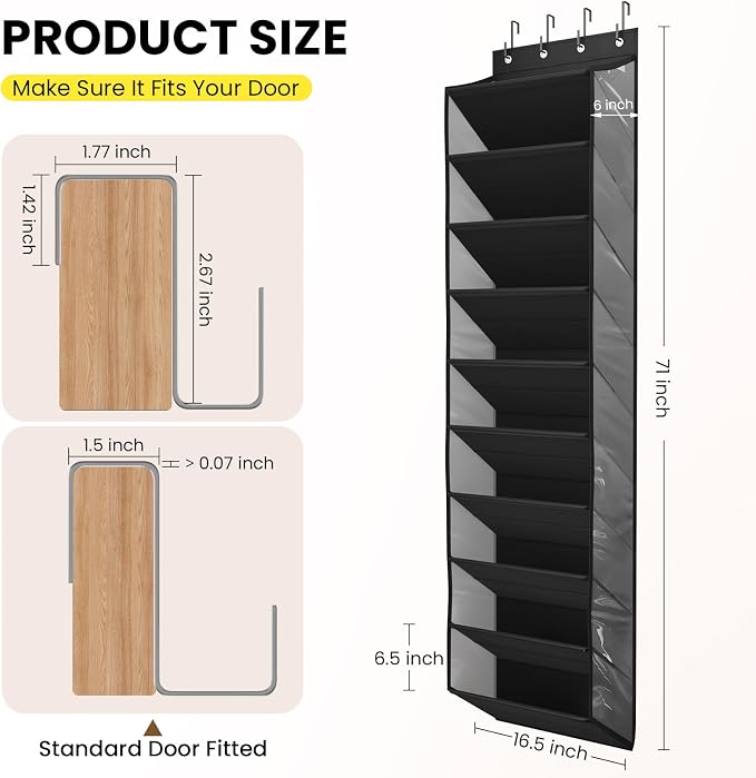 Mefirt 20-25 Pairs Over the Door Shoe Organizer, Clear Pockets Shoe Rack for Closet Door, 10-Tier Hanging Shoe Rack for Boots, Behind the Door Shoe Holder Fit All the Family's Sneakers, Heels, Black