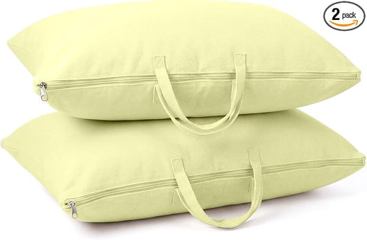 2 Pack Travel Pillow and Blanket Bags, 100% Cotton Canvas Pillow Storage Bag with Handles, Heavy Duty Breathable Organizer for Bedding Linens, Pillow Bag for Traveling(2,Olive Green,20"x36")