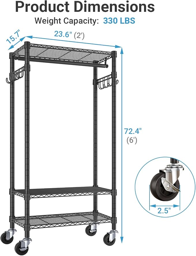 VIPEK R3 Medium Rolling Clothing Rack for Hanging Clothes Portable Closet | Lockable Wheels, Adjustable Wire Shelving/Side Hooks, 330lbs Space-Saving Storage, laundry cart with hanging rack, Black